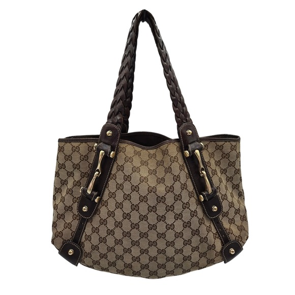 Gucci GG Canvas Tote Bag Brown Leather Trim Shoulder Handbag Purse Designer - Picture 1 of 14